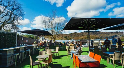 Lake View Garden Bar - Outdoor dining in the Lake District - Terrace area with lake views and umbrellas